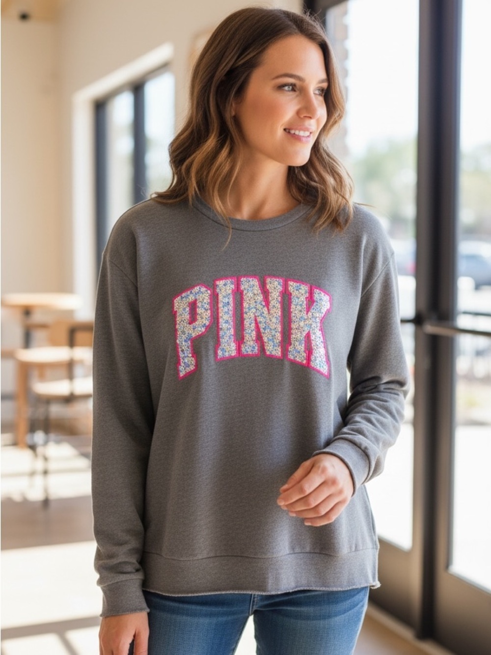 PINK Victoria’s Secret Sequin Logo Gray Long Sleeve Top Large - Picture 2 of 6